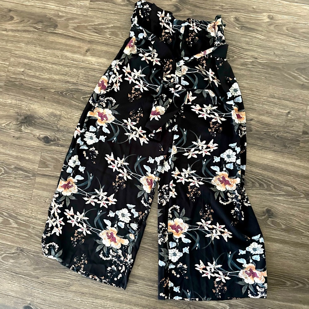 SHEIN Black Floral Print Belted Wide Leg Pants